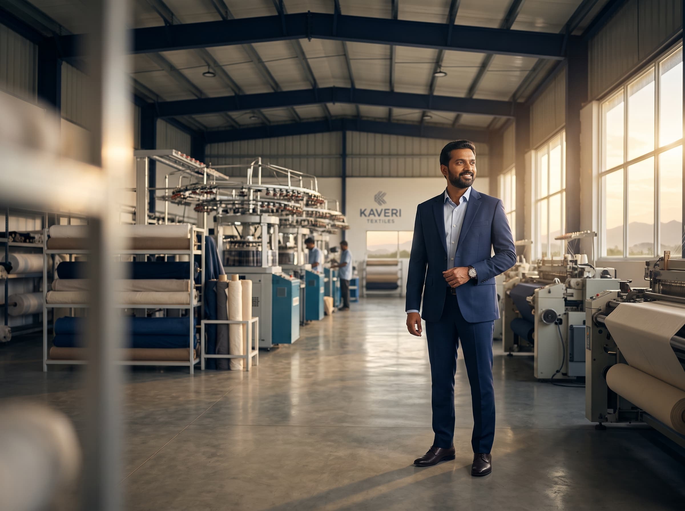 Business owner standing confidently on the floor of his textile factory in Tiruppur