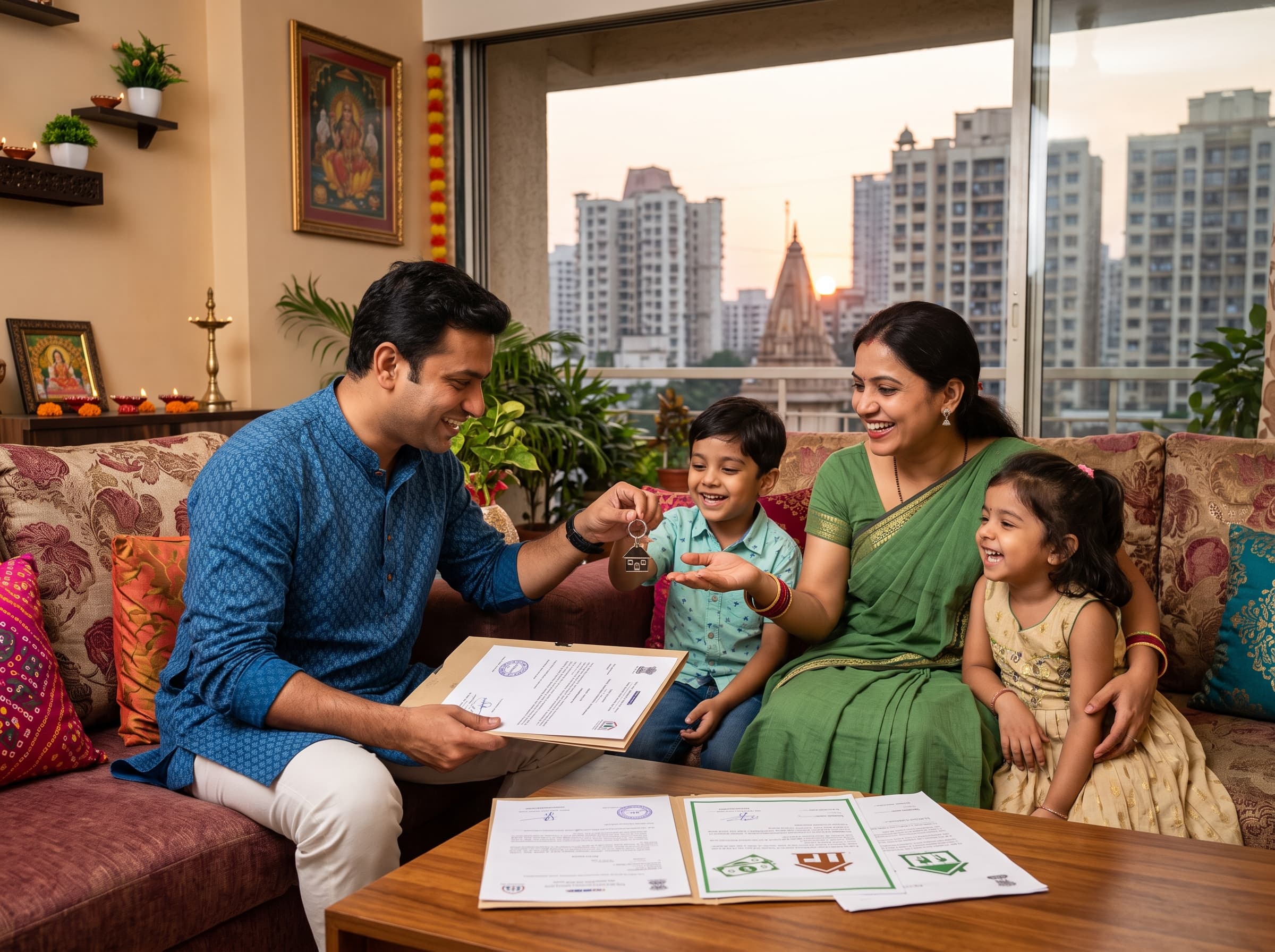 A family celebrating as they receive the keys to their new home