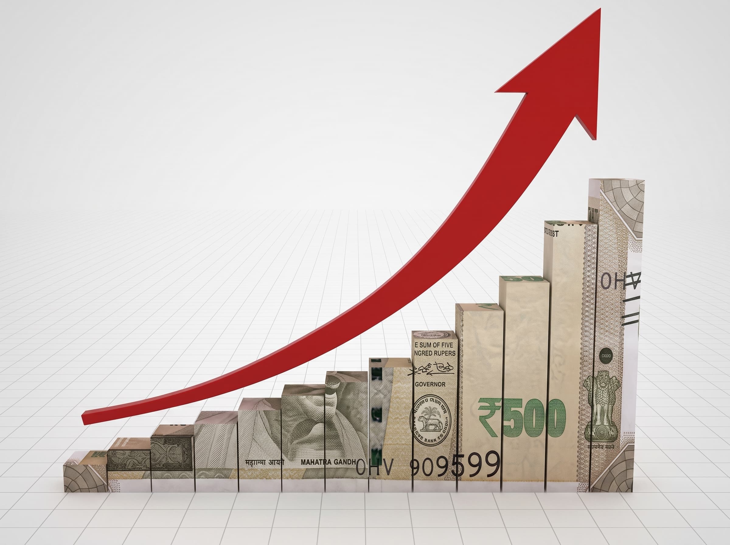 Rising growth chart built from Indian rupee notes