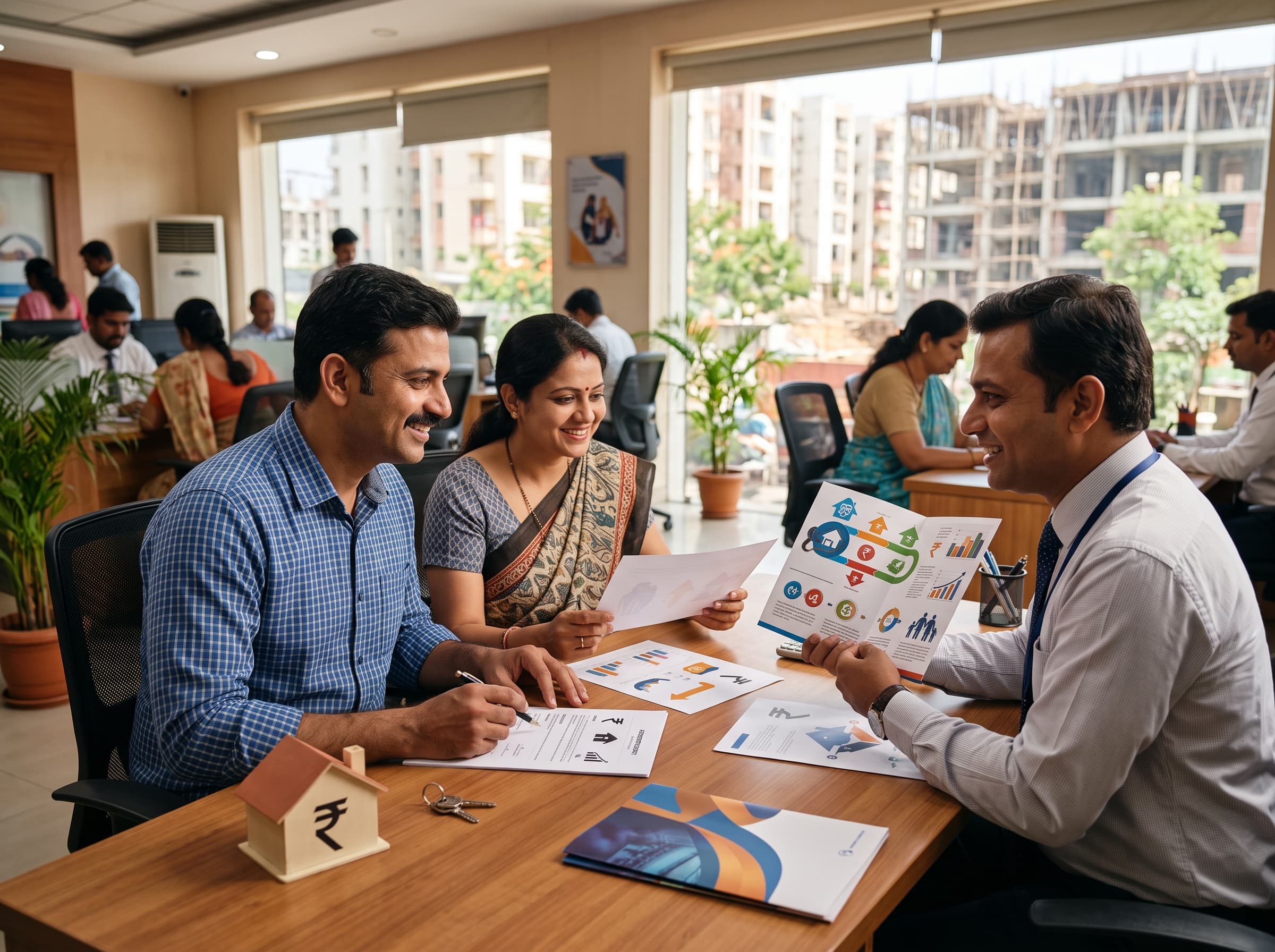 Couple reviewing a loan against property with an advisor, house model and keys on the desk